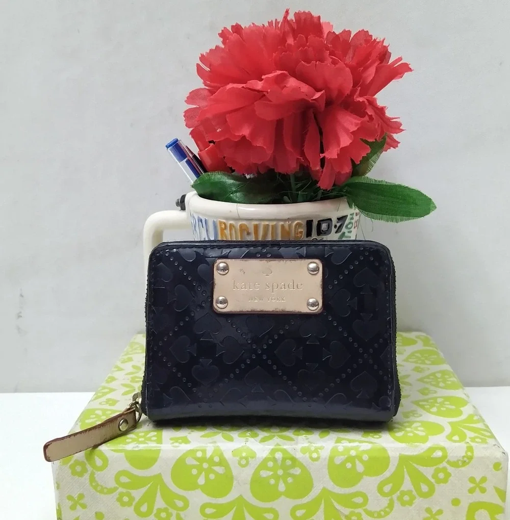 Kate Spade Black Leather Zip Around Credit Card Square Wallet